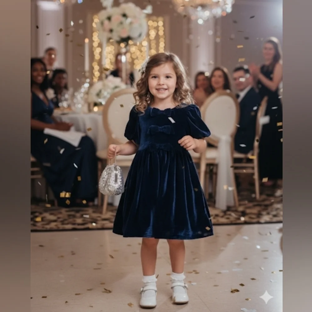 Janie and Jack Navy Blue Velvet Girl's Dress w/ Bubble Short Sleeve, Size 4,NWT